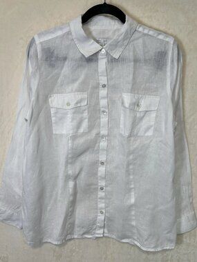 J Jill Love Linen Top Women’s M White Long Sleeve Button Up Beach Resort Cruise